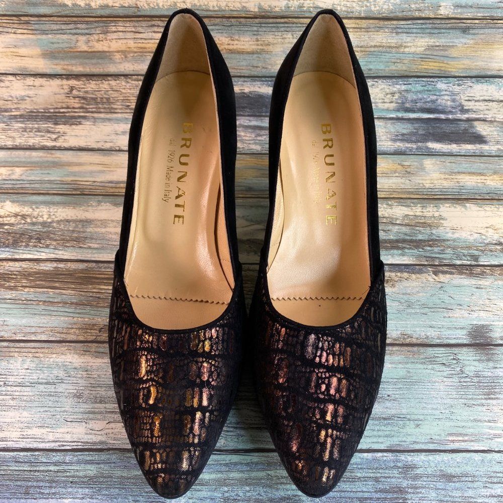 Brunate Womens Black Suede Pumps Heels Size 7-7.5M Handmade Pointed Toe Formal